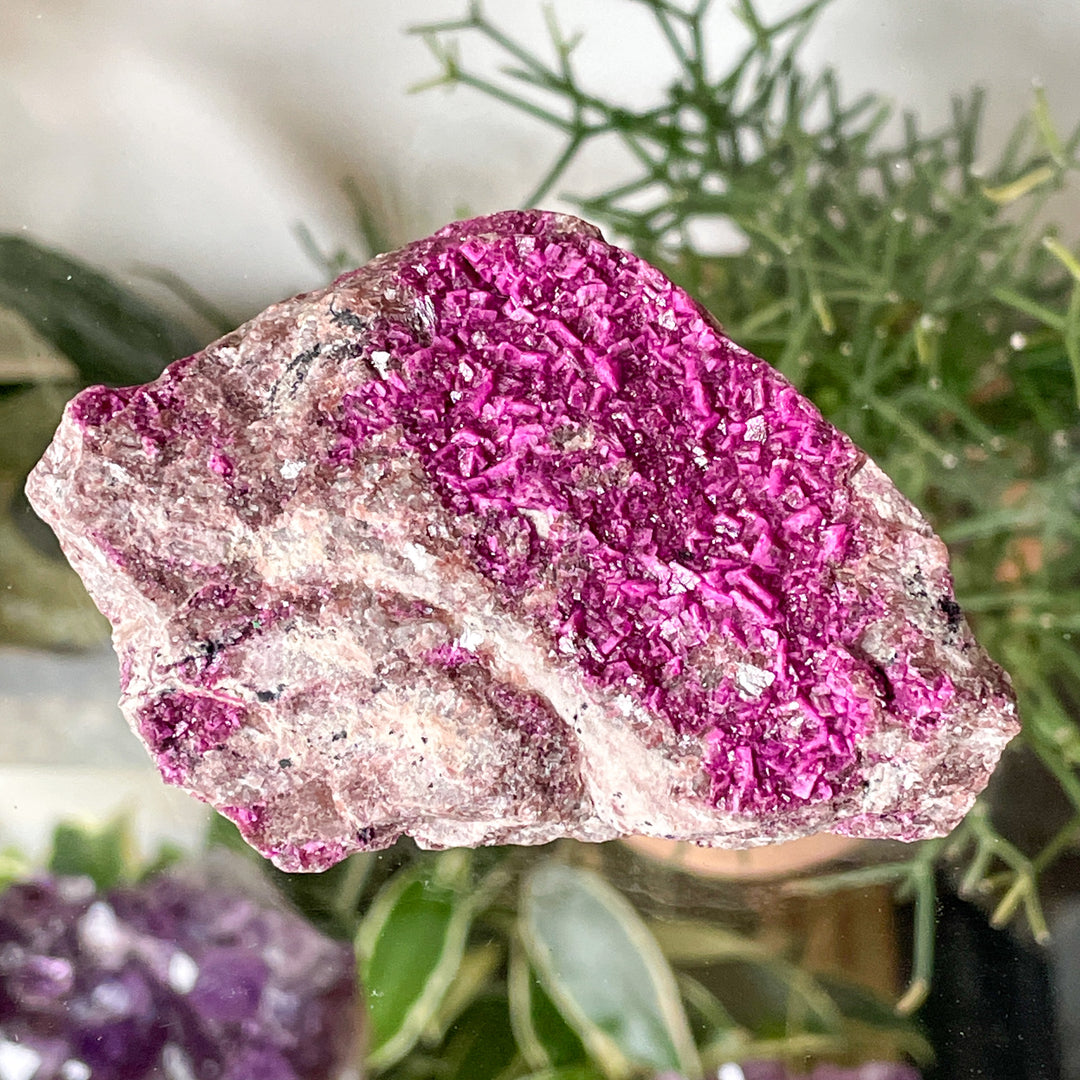 cobalto calciet fuchsia roze cluster ruwe steen brok mineralen