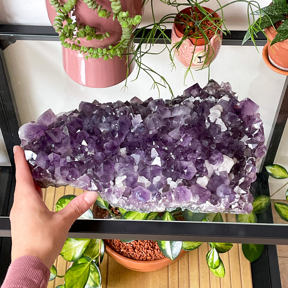 amethist paarse cluster met witte calciet ruwe steen brok mineralen statement piece showstuk pronkstuk