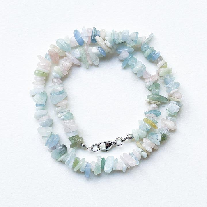 beryl morganiet aquamarijn edelsteen splitketting ruw RVS stainless steel