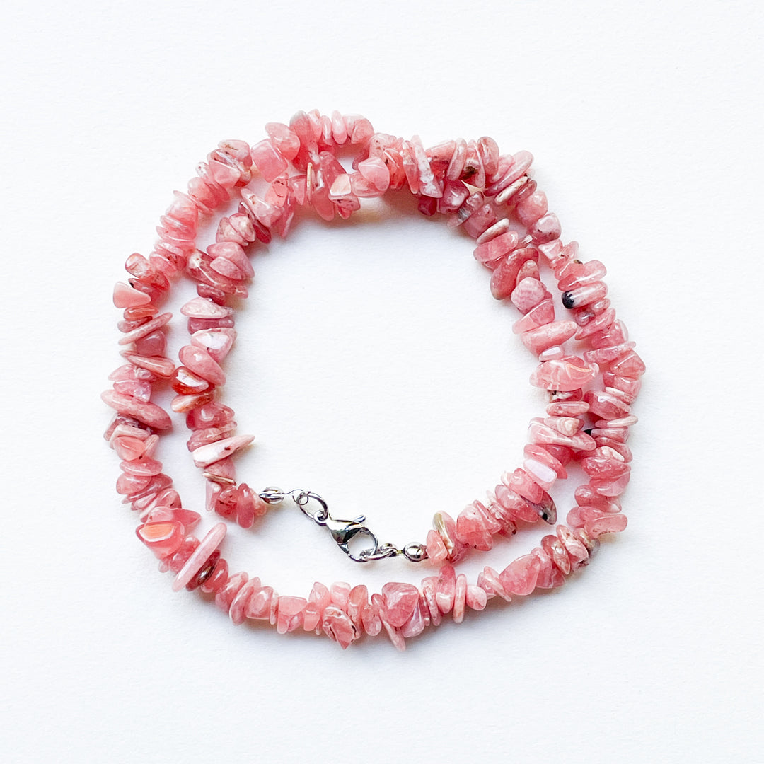 rhodochrosiet roze edelsteen splitketting ruw RVS stainless steel