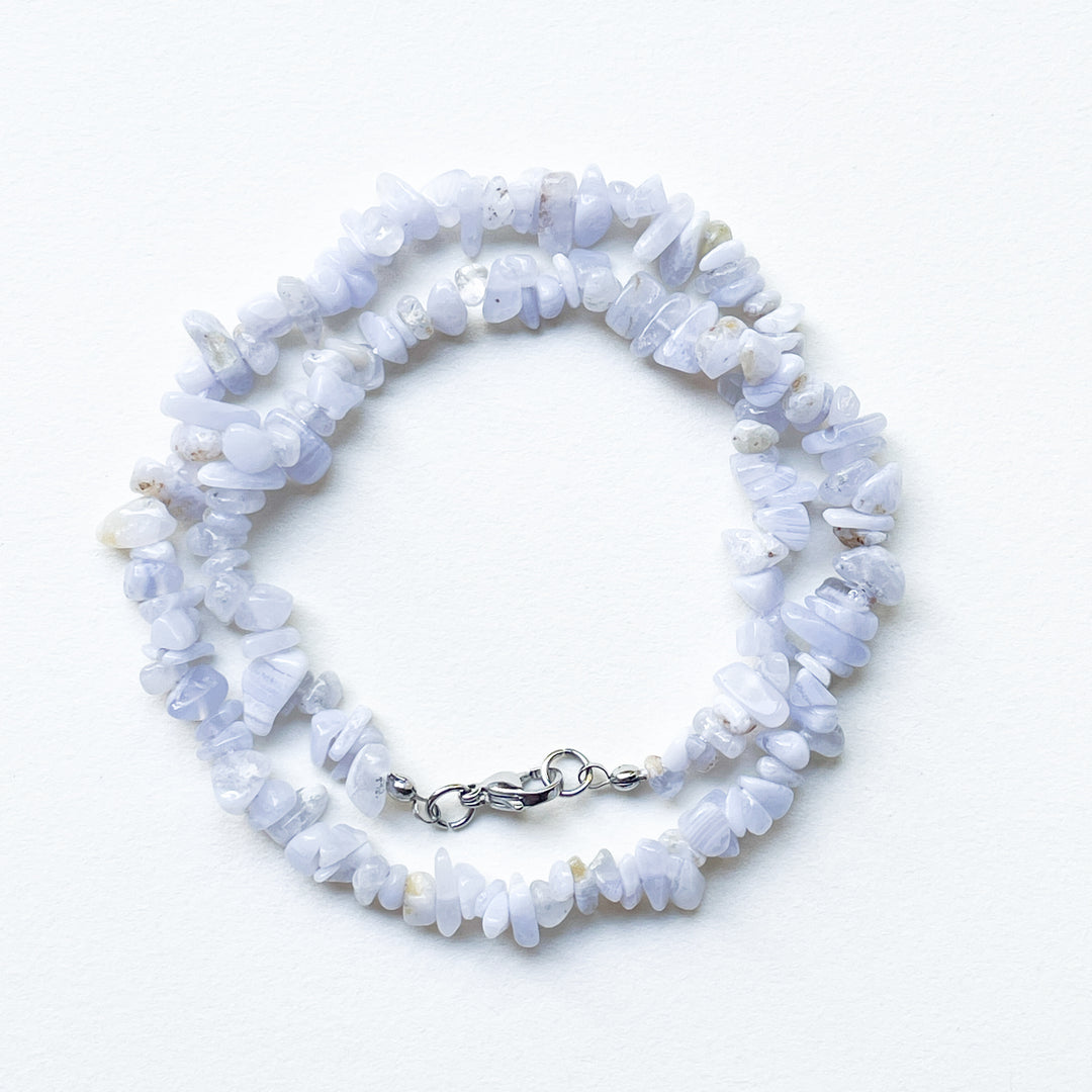 chalcedoon blauwe edelsteen splitketting ruw RVS stainless steel