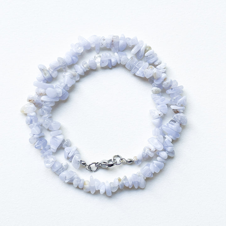 chalcedoon blauwe edelsteen splitketting ruw RVS stainless steel