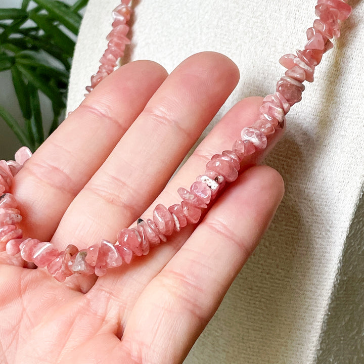 rhodochrosiet roze edelsteen splitketting ruw RVS stainless steel