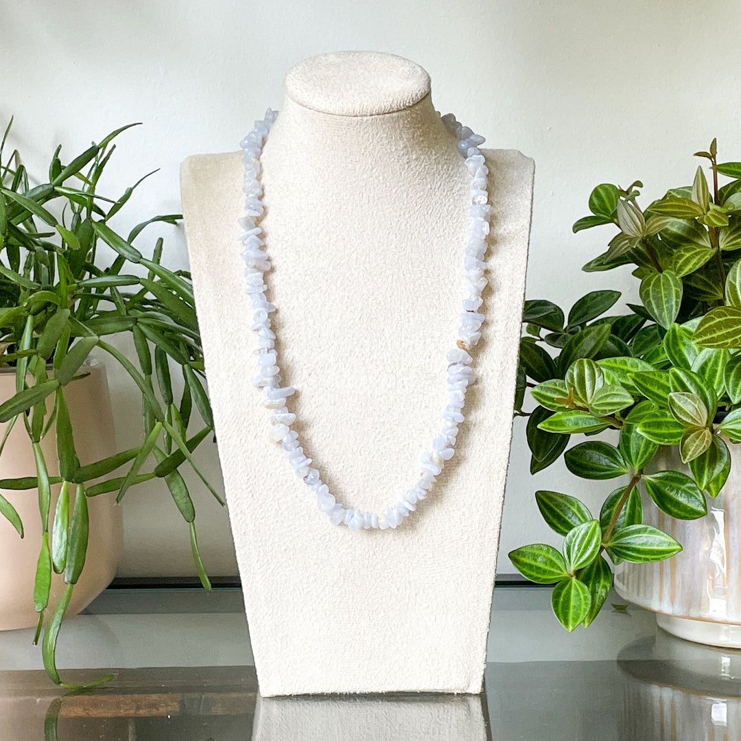chalcedoon blauwe edelsteen splitketting ruw RVS stainless steel