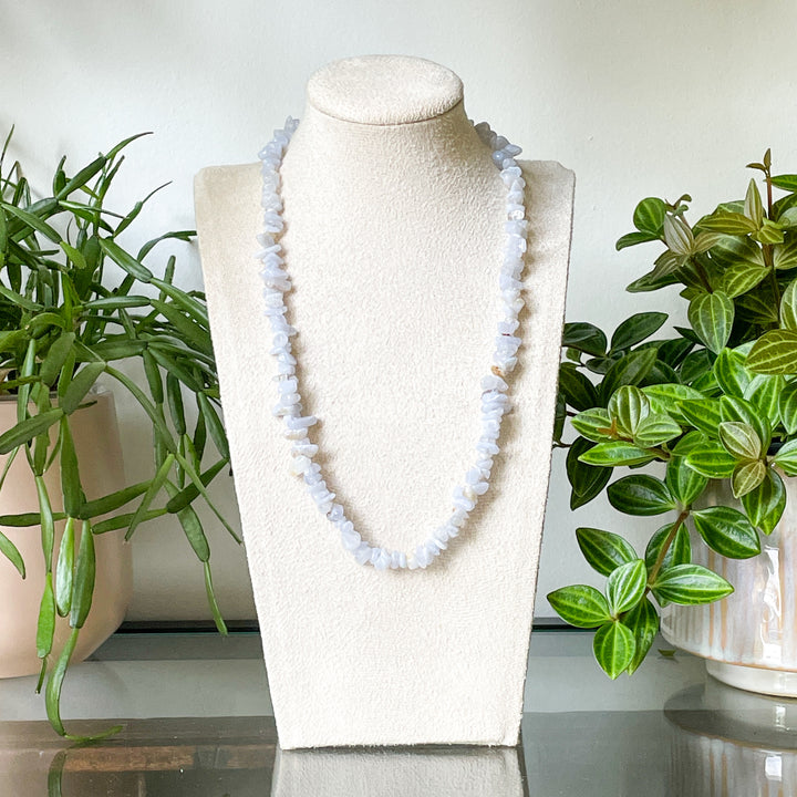 chalcedoon blauwe edelsteen splitketting ruw RVS stainless steel