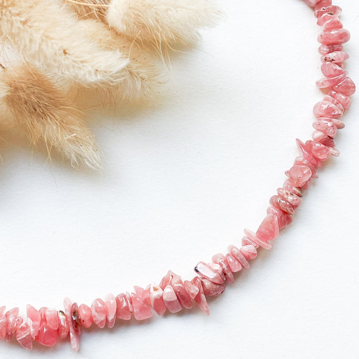 rhodochrosiet roze edelsteen splitketting ruw RVS stainless steel